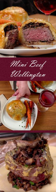 two different views of food on plates with wine in the background and an advertisement that says, man's best wellington