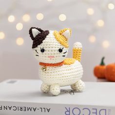 a small crocheted cat sitting on top of a white box next to some pumpkins