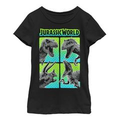 a t - shirt with dinosaurs on it and the words jurastic world written in green