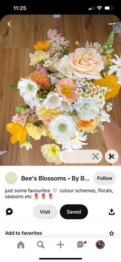 someone is holding a bouquet of flowers in their hand and the caption says, bee's blossoms by b b follow