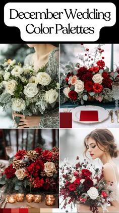 Elegant December wedding color palettes for a winter celebration. Red And White Winter Wedding, December Wedding Color Palette, December Wedding Ideas Color Combos, Ruby Wedding Theme, Wedding Pallet Ideas Colour Schemes, Christmas Wedding Ideas Elegant, Deep Red Wedding Theme, Elegant December Wedding, Winter Wedding Colors Schemes