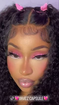 Black Barbie Costume Halloween, Pink Bratz Doll Makeup, Bratz Doll Makeup Look Pink, Pink And Blue Makeup Looks Black Women, Bratz Makeup Look Black Women, Pink And White Makeup Looks Black Women, Pink Makeup Look Black Women