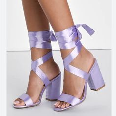 This Is A Lavender Silk Color! Lavender Shoes Heels, Purple Lace-up Heels For Spring, Lavender Sandals For Summer Party, Lavender Heels For Summer Party, Lavender Heels For Spring Party, Lavender High Heel Summer Heels, Summer Lavender Heels With Ankle Strap, Lavender Heels With Ankle Strap For Summer, Lavender Round Toe Heels For Spring