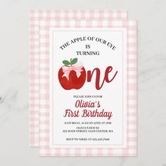 an apple birthday party card with pink gingham checkered paper and the words, one is turning