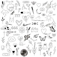 a bunch of doodles that are drawn in black and white