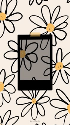 an abstract flower pattern with black and yellow flowers on a white background that has the image of a television screen surrounded by daisies