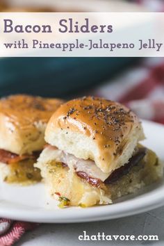 bacon sliders with pineapple - jalapeno jelly on a white plate