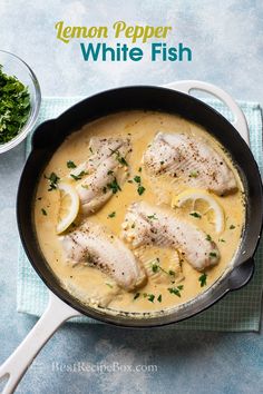 lemon pepper white fish is in a skillet