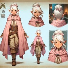 the concept art for an animated character is shown in three different poses and looks like she's wearing a pink cape