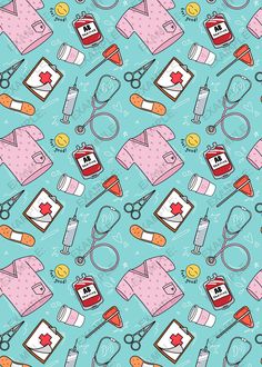 an image of a pattern with scissors and other medical items on blue background that is seamless