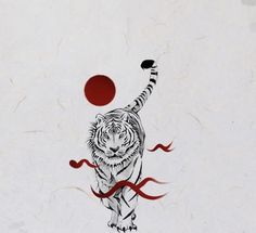 a drawing of a tiger reaching for a red ball