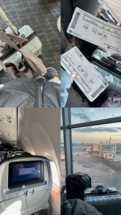 there are several different pictures of luggage and tickets on the table in front of the window