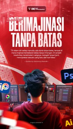 an advertisement for a computer store featuring a woman in headphones looking at the screen