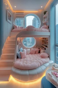 a bedroom with bunk beds and pink pillows