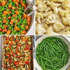 four different pictures with vegetables in them including cauliflower, peas and carrots