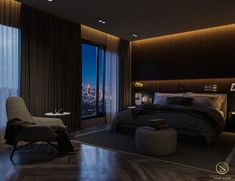 a bedroom with a large window and a view of the city from it's floor to ceiling windows