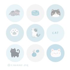 six different types of cats and kittens in blue circles with the words cat on them