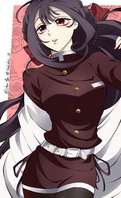 an anime character with long black hair and red eyes, wearing a brown uniform while standing in front of a pink background