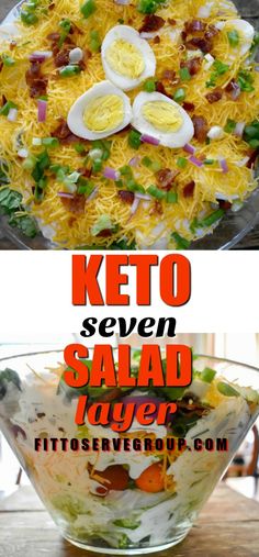 keto salad with hard boiled eggs and bacon on top, served in a glass bowl