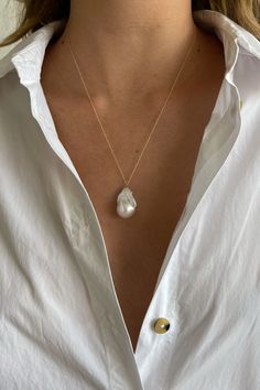 This gold and baroque pearl necklace elevates the everyday. Elegant yet casual, this necklace makes a great layering piece that you will never want to take off! Each pearl is unique, and is subject to its own perfect imperfections.Pearl measures approximately 1/2" and is affixed to an 20" 14-karat link chain with spring ring clasp.Made in the U.S.A.* This product is crafted with natural pearls, and variations make each piece unique.Item ships within 1 to 2 weeks and is excluded from ALL discount Pearl Anklet, White Pearl Necklace, Baroque Pearl Necklace, Classy Jewelry, Keshi Pearls, Real Pearls, Pearl Charms, Dream Jewelry, Pearl Drop Earrings