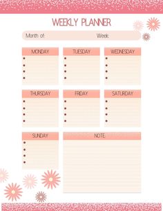 a pink and white weekly planner with flowers