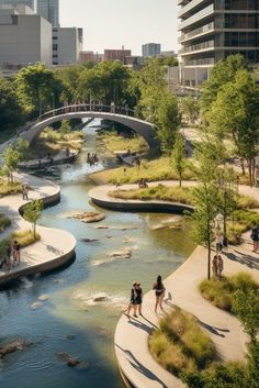 people are walking along the river in an urban area