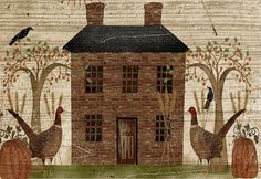 a painting of two turkeys in front of a brick house with trees and pumpkins