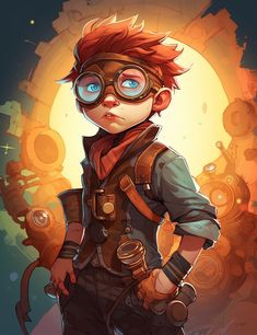 a boy with red hair and goggles standing in front of a full moon background