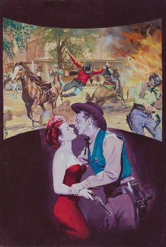 a painting of a man and woman kissing in front of horses