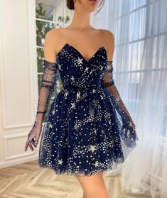 Midnight Flâneur Mini Dress | Teuta Matoshi Teuta Matoshi, Sparkly Shorts, Hoco Inspo, Dress With Gloves, Mini Prom Dresses, Mini Homecoming Dresses, Eras Tour Outfit, Eras Tour Outfits, Hoco Dress