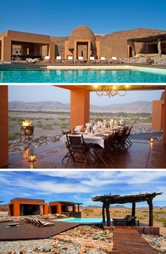 an outdoor dining area and pool in the desert