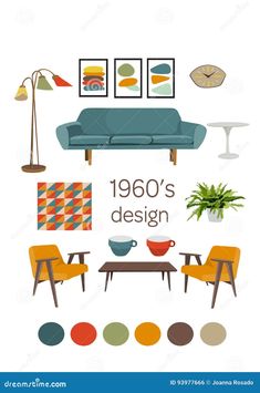 the 1960's living room with furniture and decor