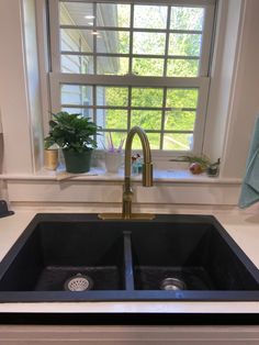 a kitchen sink under a window next to a potted plant