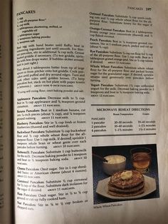 the recipe book is open to show an image of pancakes