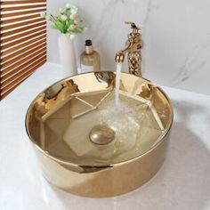 16" Luxury Gold Bathroom Ceramic Vessel Sink Basin Bowl Mixer Tap Pop Drain Set | eBay Wash Basin Design, Modern Pedestal Sink, Gold Faucet, Design Hacks, Washroom Decor, Low Estrogen, Washbasin Design, Turkish Tiles, Basin Design