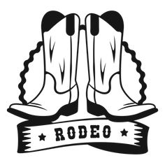 cowboy boots with ribbon and the word rodeo written on it, in black and white