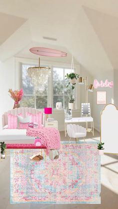 a living room filled with lots of furniture and decor on top of a pink rug