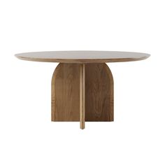 a wooden table with a circular top and two legs on each side, against a white background