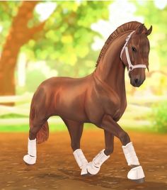 a brown horse with white boots on it's feet walking across a dirt ground