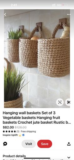 two baskets hanging on the wall next to each other with text reading, hanging wall baskets set of 3 vegetable baskets hanging fruit baskets