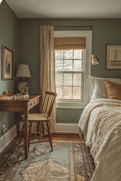 home office, guest bedroom, office inspo, mid century small home office, Living Spaces Bedroom Inspiration, Bohemian Traditional Decor, New Bedroom Decor Ideas, Small Home Furniture Ideas, Dream Guest Bedroom, Half Wall Paneling Bedroom, Vintage Inspired Bedroom Ideas, Office With Bed Ideas, Victorian Style Bedroom Ideas