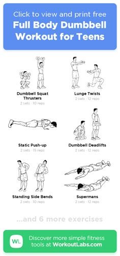 the full body dumbbell workout for teens is shown in black and white, with instructions to