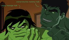 an animated image of two people in front of a mirror with the caption'overpoptive mommy hulk '