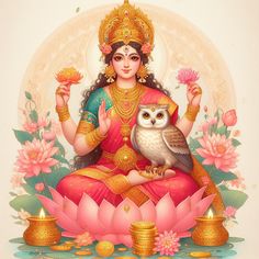 a woman sitting on top of a lotus with an owl in her lap and surrounded by flowers