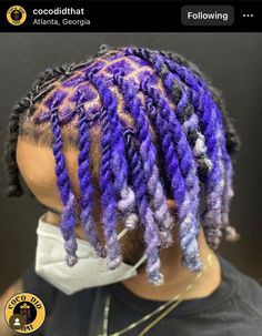 Purple Locs, Mens Twists, Women Dreadlocks, Hair Tattoo Designs, Colored Locs, Green Dreads, Colored Dreads