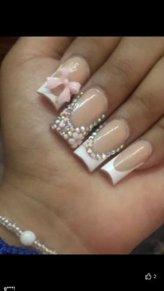 Nails , baddie , french tip Sweet 16 French Tip Nails, Rhine Stone French Tip Nails, French Tips With Diamonds, Nails Baddie, White French Tip, Nail Jewels, Tip Nails