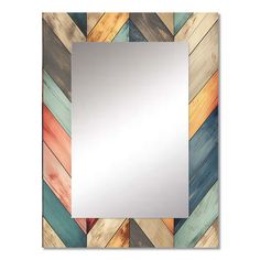 a mirror that is sitting on top of a wooden wall with multicolored planks