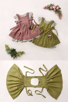 two pictures of clothes with flowers on the top and bottom, one in pink and green