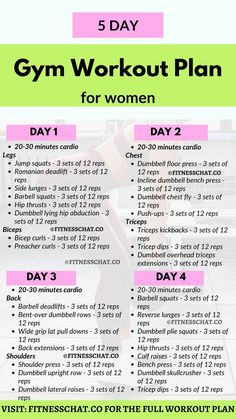 Gym workouts for women, daily workout plan 5 Day Gym Workout Plan Woman, Weekly Gym Workout Plan For Women, Gym Workouts For Women, Fitness Inspi, Gym Routine Women, Home Workout Programs, 5 Day Workout Routine, 4 Day Workout