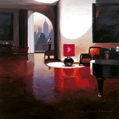 an oil painting of a living room with red furniture and large cityscape in the background